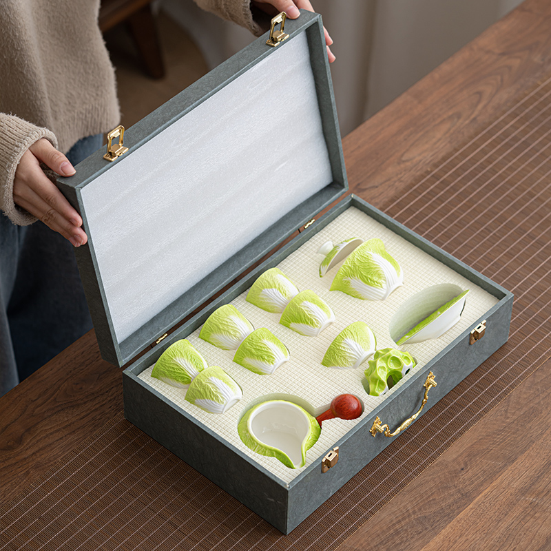 新款白菜功夫茶具套装羊脂玉陶瓷盖碗茶杯轻奢家用喝茶中式