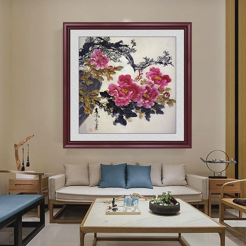 牡丹花客厅挂画玄关装饰画新中式书房办公室背景墙壁画花开富贵图片