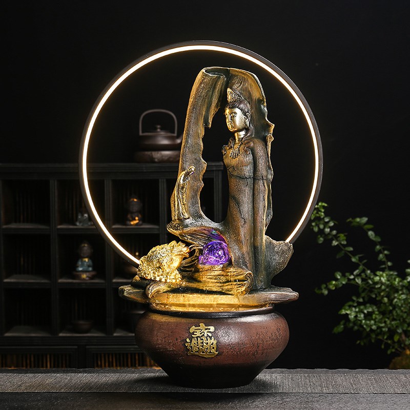 赐福观音佛像流水金蝉o鱼缸盆景摆件简约家居客厅玄关桌面装饰夜
