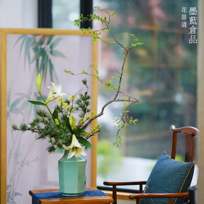青瓷角切花瓶八角瓶小原流陶瓷花器禅意中式日式花道插花器皿特大