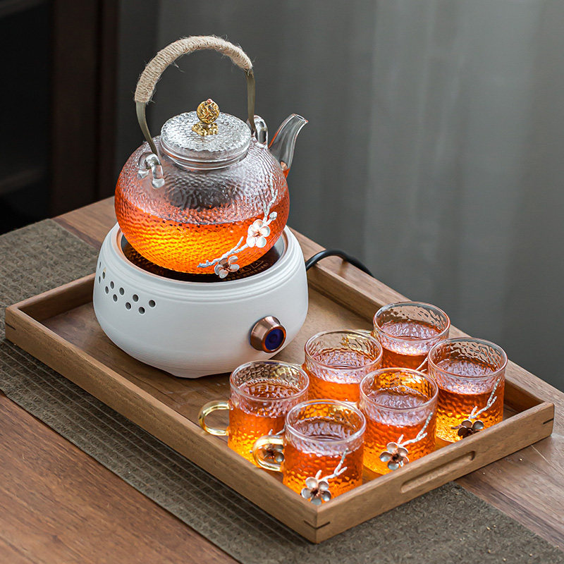 耐热玻璃泡茶壶茶具套装家用电陶炉插电煮茶器胡桃木茶盘轻奢现