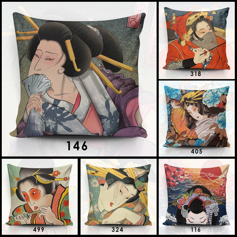 浮世绘艺伎抱枕亲肤高弹枕芯绒客厅沙发靠垫靠枕