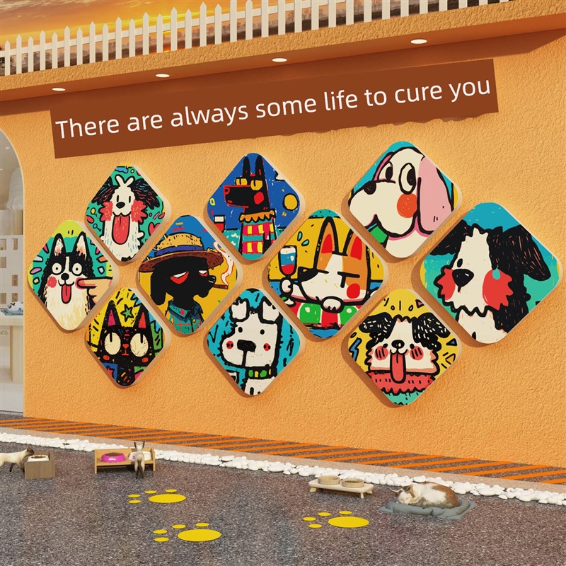 网红入住宠物店墙面装饰挂画猫咖啡厅氛围布置贴纸背景玻璃