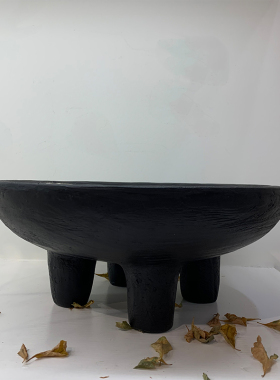 仿炭化木三脚果盘陶瓷托盘酒店民宿自然度假风软装饰品摆件