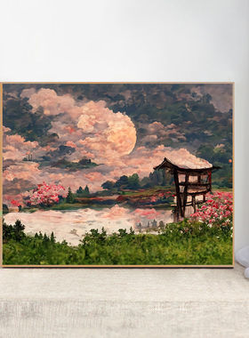 山水日出日数晚霞落字油画手工diy填色画肌理填充涂装油彩色饰画