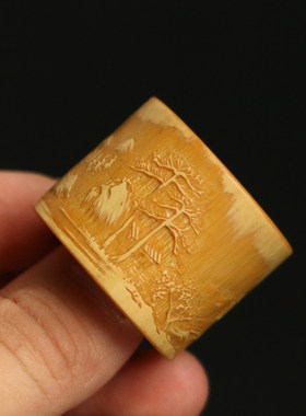 精品竹家山雷纯手工精工浅浮雕王水风光老玉名扳指手把件竹雕指环