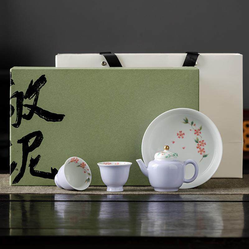 手绘蝶恋花盖钮本金描绘宫灯壶小套组（1壶2杯1壶承）两人饮