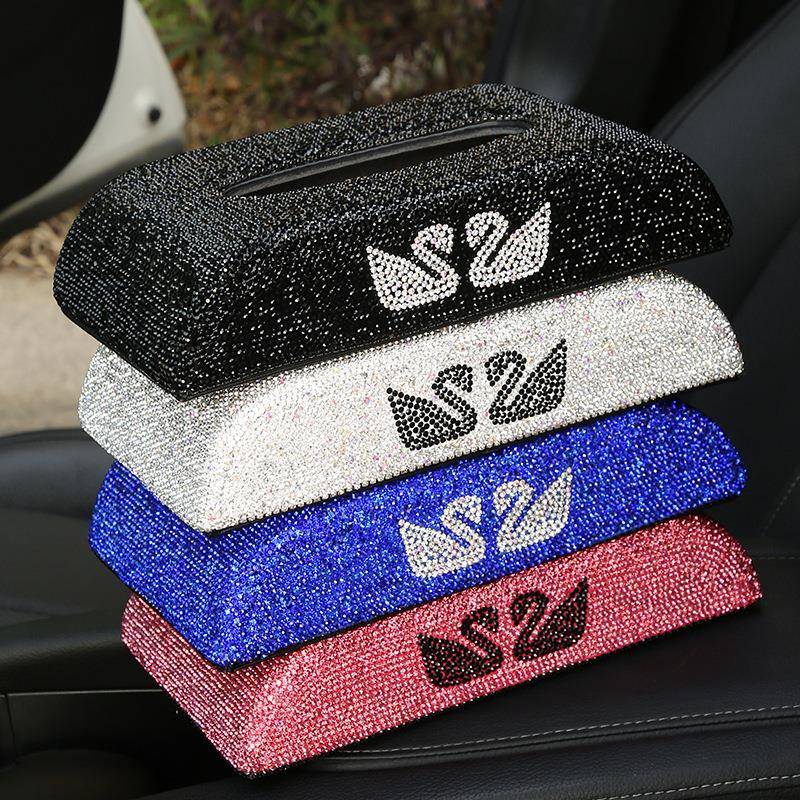 车载镶钻双天鹅纸巾盒车车用创意汽车餐巾盒抽车摆件装饰漂亮内饰