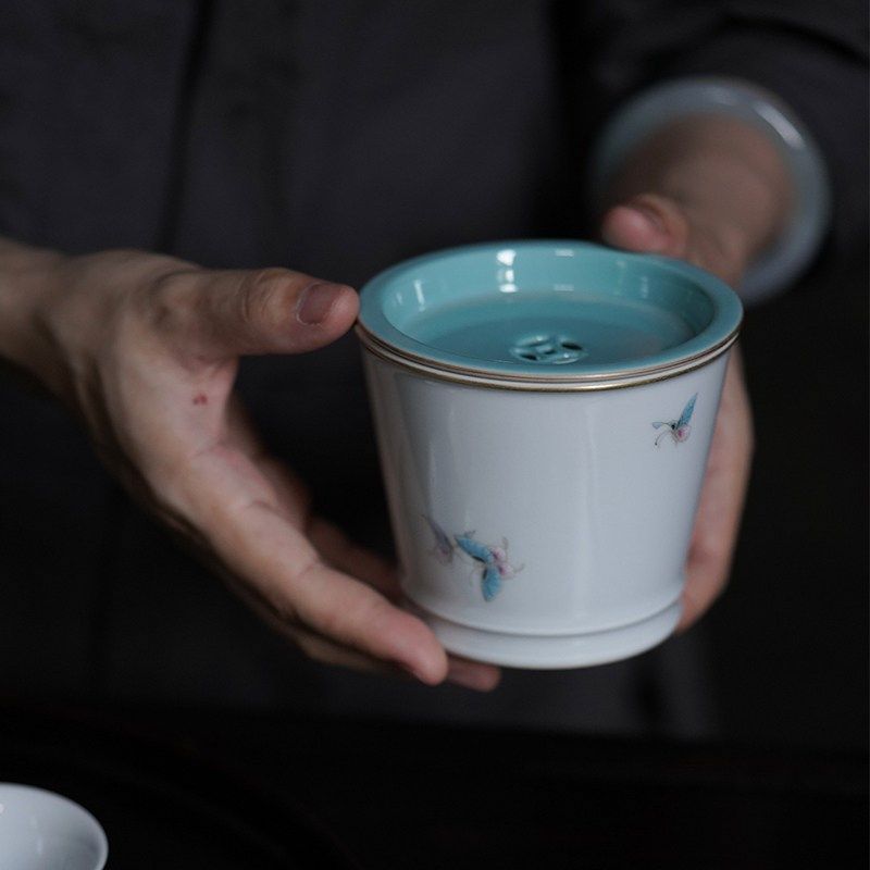 赋山堂手绘松石绿蝶纹水孟 陶瓷茶洗 零配水洗,家居饰品,桌面摆件,淘宝优惠券,粉丝福利购,淘宝优惠卷