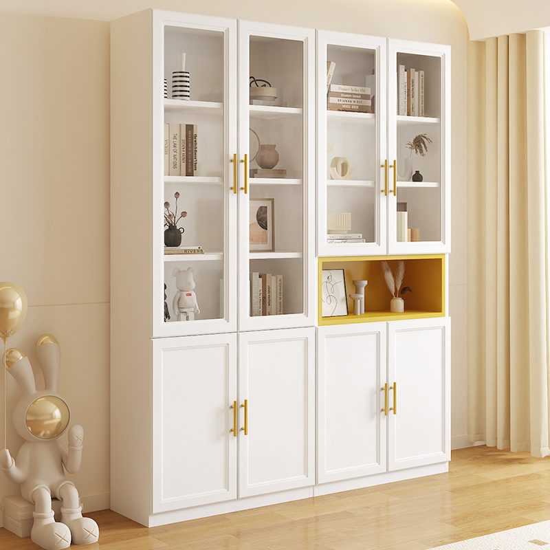 奶油风全实木书柜组合家用书架防尘带玻璃门到顶收纳落地储物柜字