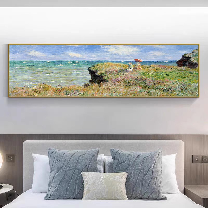 法式奶油风客厅装饰画轻奢沙发背景墙挂画莫奈床头灯光壁画