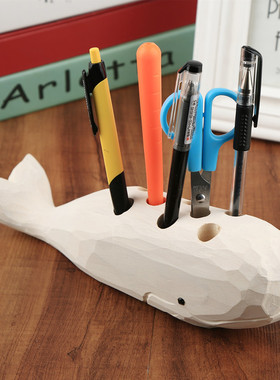 青木凡原木雕刻白鲸工具座多孔笔筒办公收纳现摆件创意简约热卖