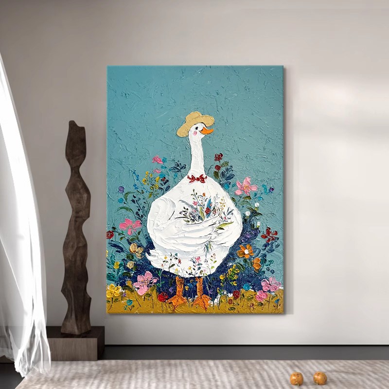 简约小众艺术客厅装饰画动物白色鸭子肌理纯手绘油画玄关走廊挂画图片
