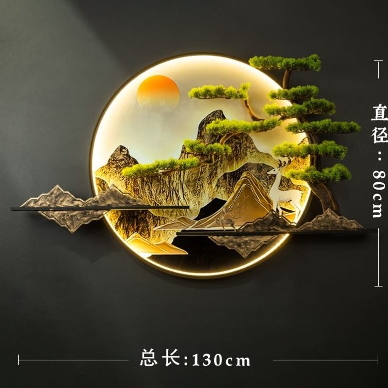 铁艺墙面装饰迎客松背景挂件新中式挂画沙发圆形带灯客厅玄关壁饰图片