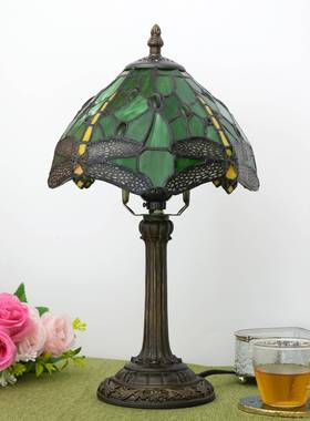 【折扣价】20CM欧琈蒂凡尼彩色玻璃台灯美式乡村绿色蜻蜓卧室床头