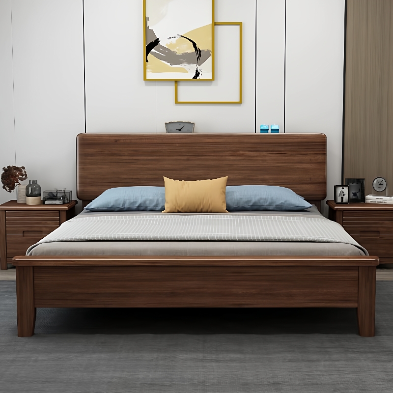 【折扣价】实木床胡桃木双人床1米5小户型卧室单人床现代简约气压