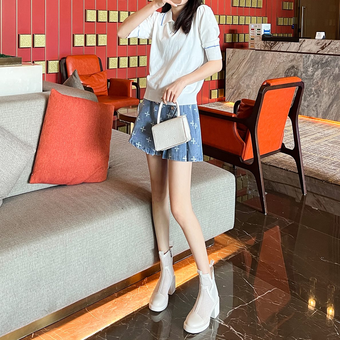 马丁靴女白色夏季粗跟薄款配裙子街穿高跟透气炸小短靴的镂空网靴
