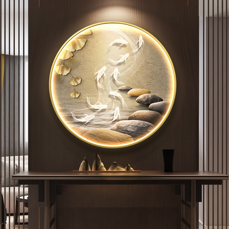 九鱼图玄关装饰画寓意好入户门走廊挂画高档现代轻奢客厅圆形壁画图片