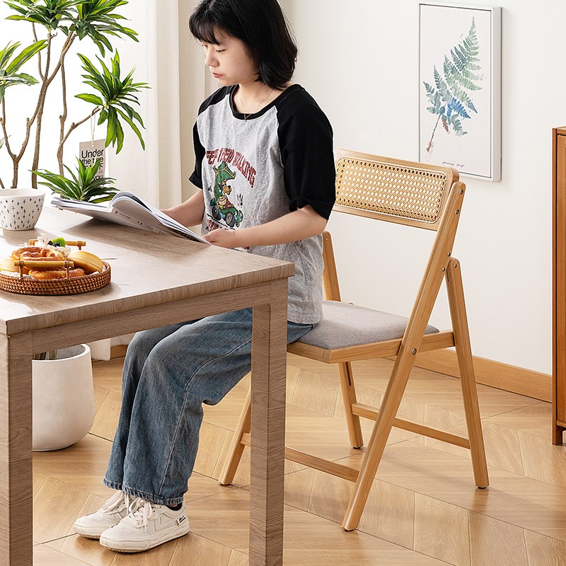 折叠餐桌椅现代简约客厅家用实木书桌凳子靠背餐厅藤编椅子吃饭椅