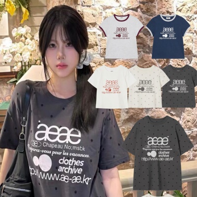 韩国正版aeae波点字母印花修身短袖T恤女纯棉百搭夏季休闲上衣