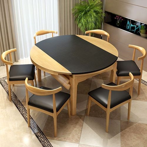 餐桌小户型家用火烧石餐桌椅组合现代简约可伸缩圆台吃饭桌子实木