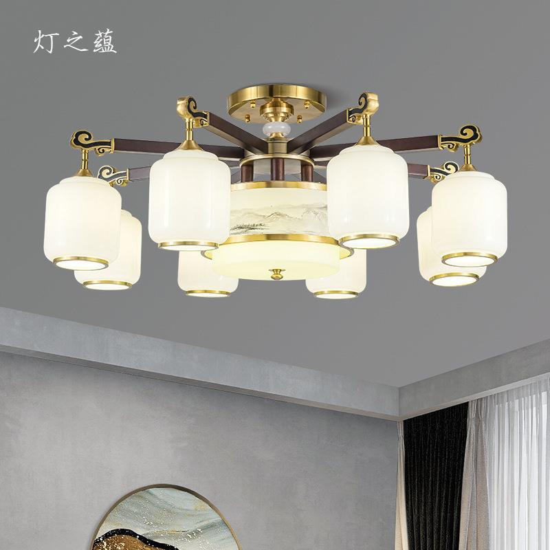 灯之蕴新中式全铜实木吊灯客厅灯千里江山餐厅吊灯实木复式楼灯具