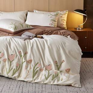 100S澳棉长绒棉郁金香毛巾绣四件套纯棉被套床上全棉双人被套床单