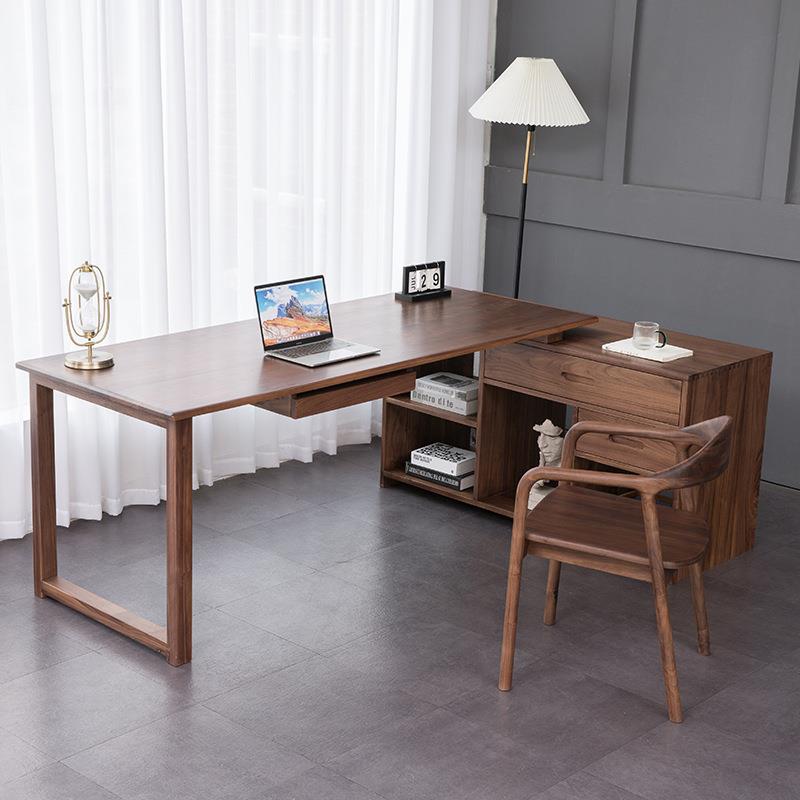 北美黑胡桃木全实木电脑桌现代简约书桌书柜一体转角办公桌写字台