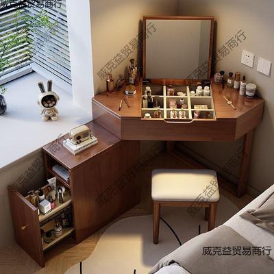 床头实木转角梳妆台斗柜一体小户型化妆桌家用卧室墙角三角形书桌