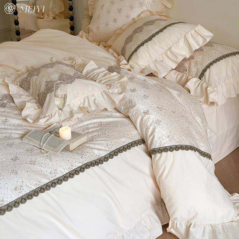 家纺100S纯棉磨毛四件套长绒棉蕾丝被套床单加厚秋冬床上用品