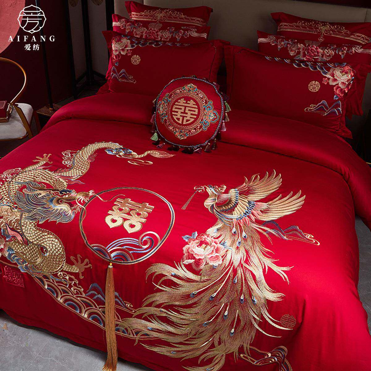 婚庆结婚床上四件套刺绣花边被套罩绣花长绒棉纯棉新中式喜被