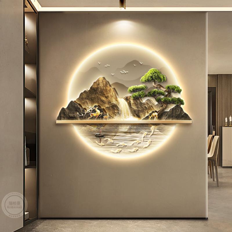 新中式入户玄关装饰画流水生财山水画带灯走廊过道挂画迎客松壁画