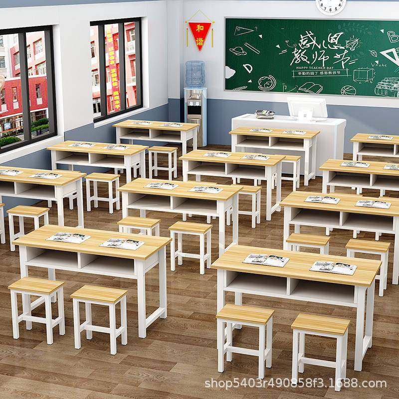 学生带抽屉课桌补习班辅导课桌椅双层单人双人三人位会议培训课桌