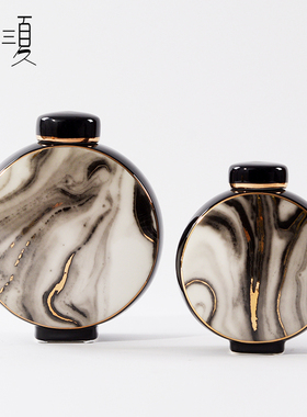 现代轻奢大理石纹扁形陶瓷罐摆件中式玄关博古架客厅书房软装饰品
