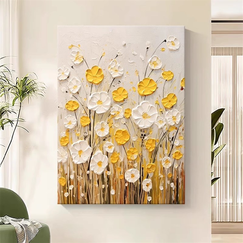 法式黄色花卉手绘油画客厅装饰画抽象奶油风玄关肌理餐厅墙壁挂画图片
