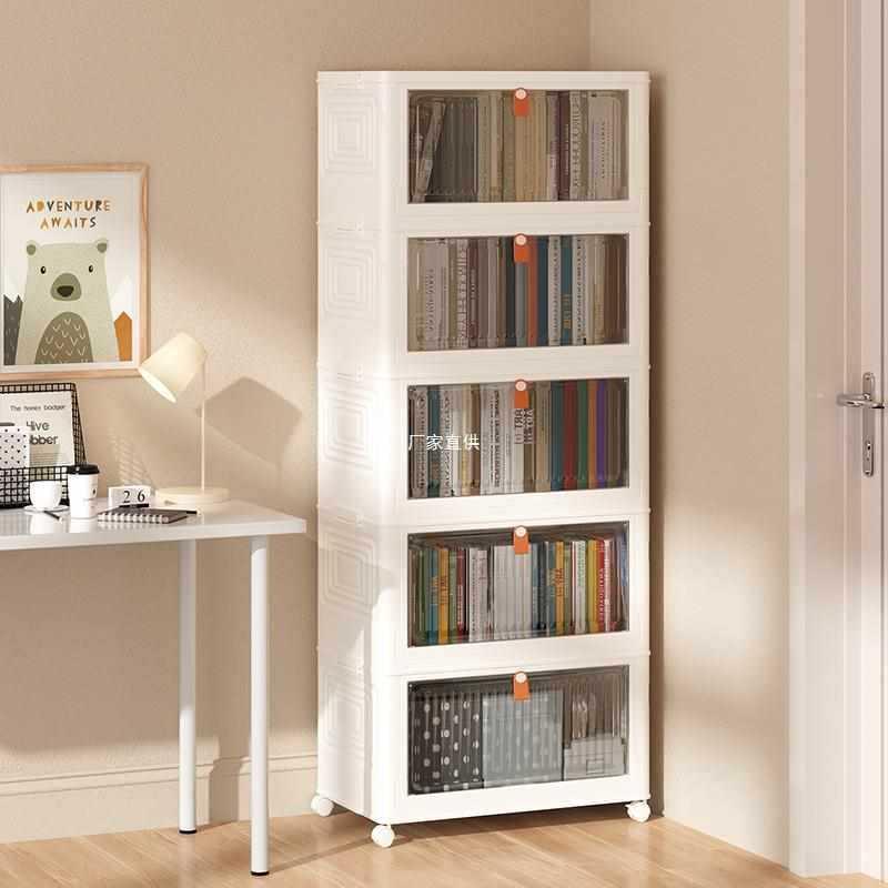 书架置物架落地家用收纳书柜防尘带门展示可移动轮旋转多层储物柜