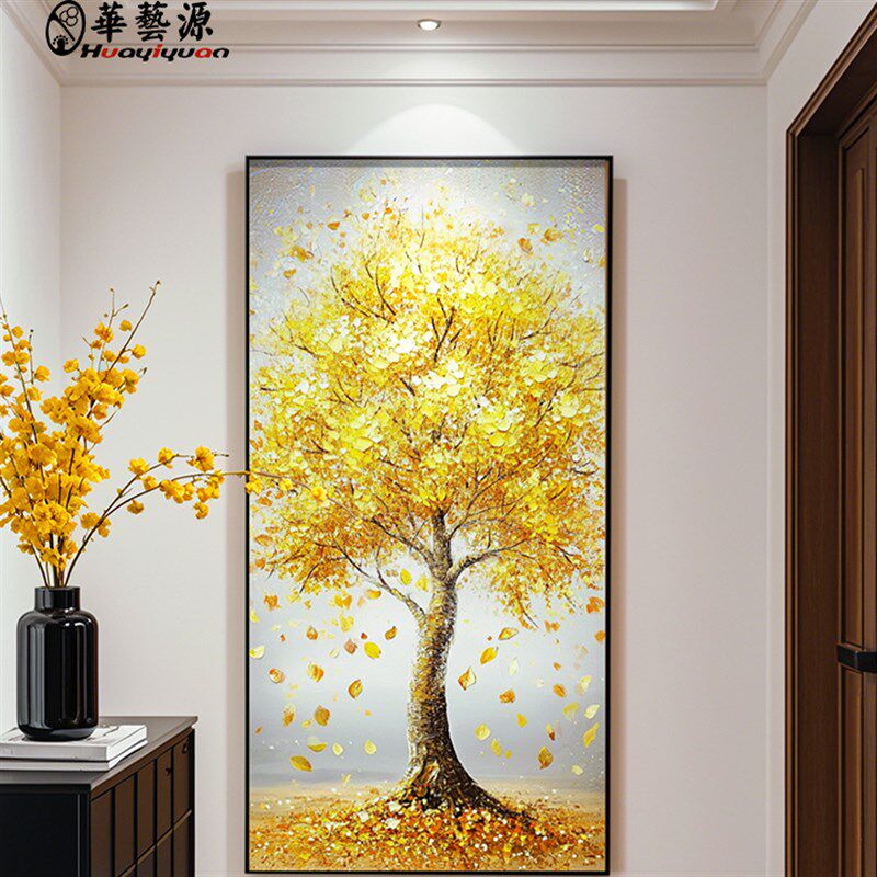 2025发财树玄关装饰画走廊过道挂画轻奢手绘油画立体厚油美式壁画