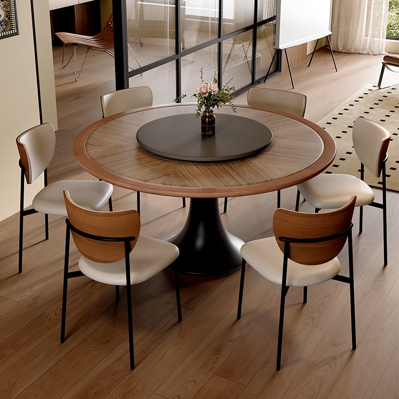 法式复古实木圆形餐桌椅组合简约小户型家用中古风岩板纹理饭桌子