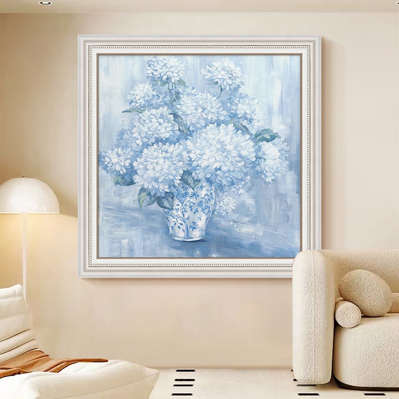新中式青花瓷客厅装饰画奶油风静物花卉丙烯手绘油画玄关餐厅挂画图片