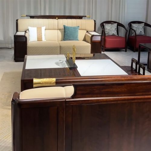 新中式实木沙发组合现代轻奢真皮沙发乌金木大户型样板房客厅家具