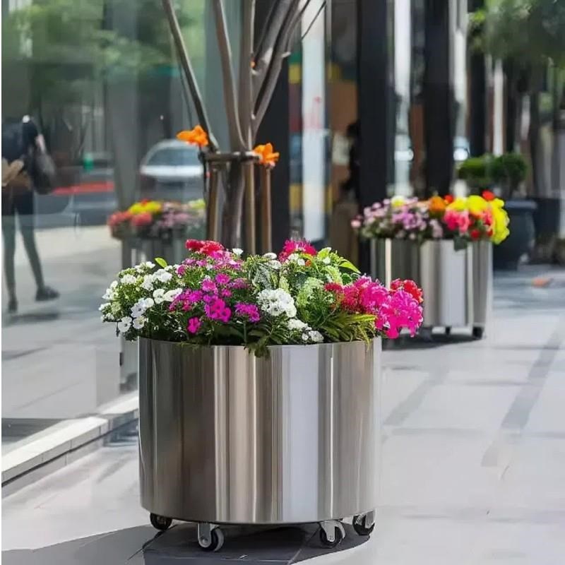 户外不锈钢长方形花箱花池广场304不锈钢拉丝圆花钵花盆隔断花槽