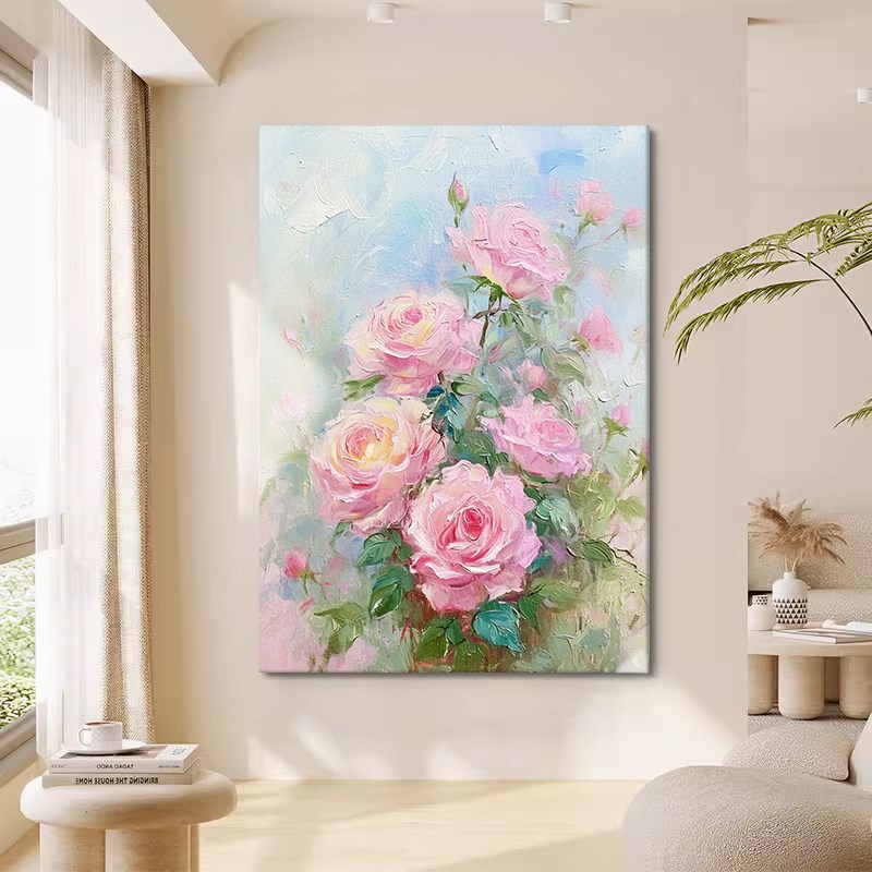 奶油风玫瑰花玄关手绘油画粉色花卉肌理挂画客厅花开富贵装饰壁画图片