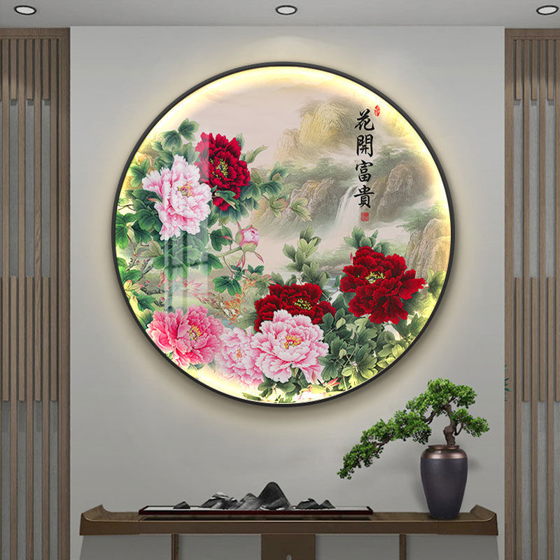 花鸟牡丹圆形灯画饭厅卧室背x景墙挂画中式花卉入户玄关茶室装饰