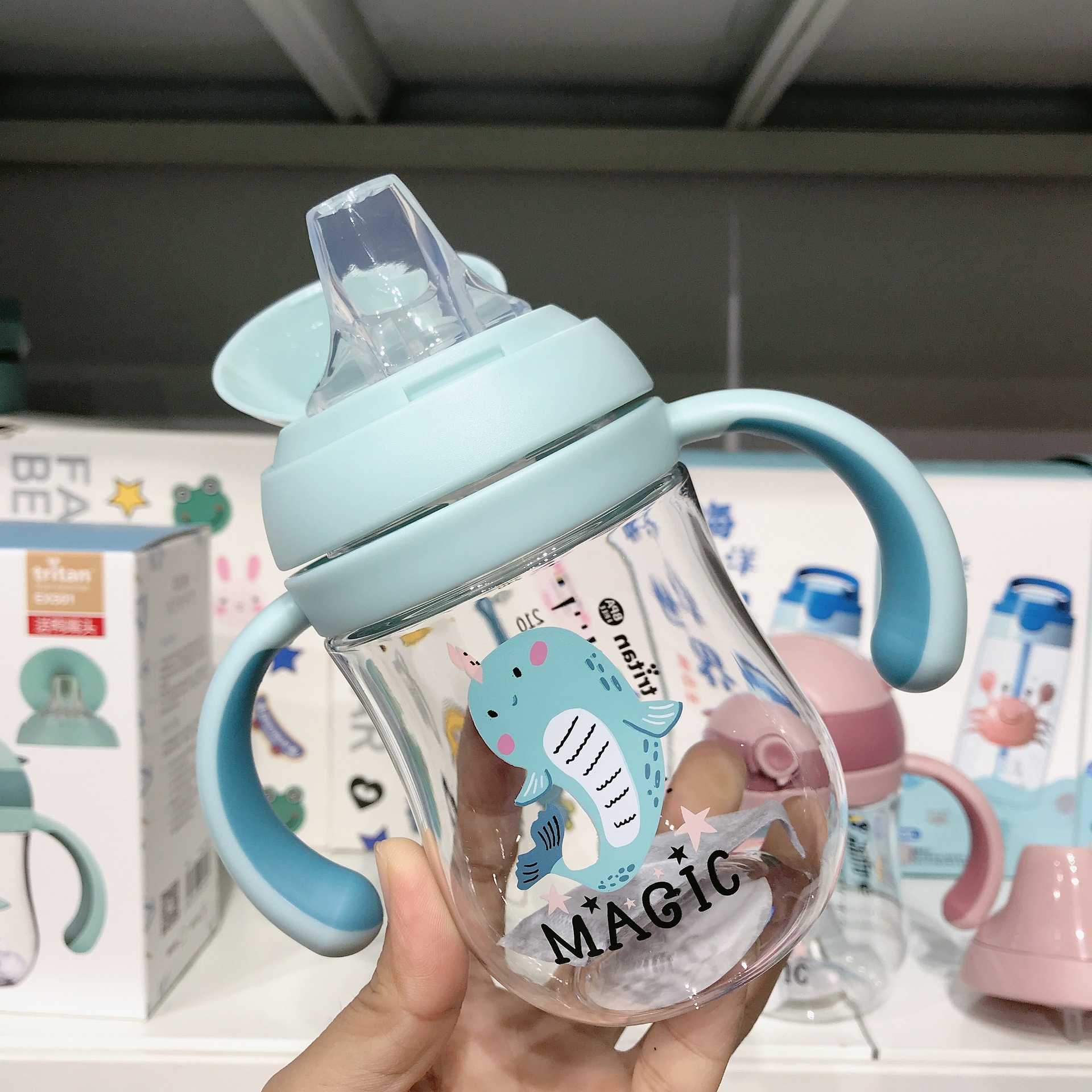 婴幼儿两用鸭嘴杯吸管杯TRITAN带手柄带刻度2个头互换