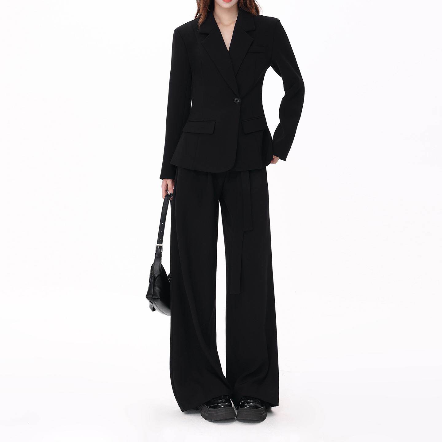 黑色西服套装女2026春通勤风收腰西装外套高腰显瘦阔腿西裤俩件套