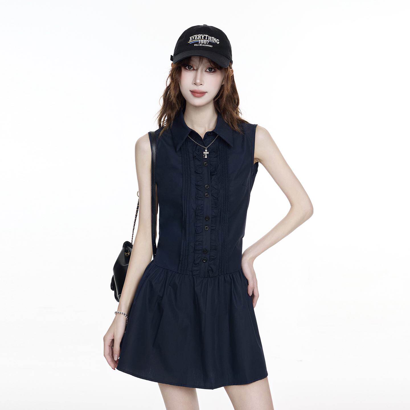 藏青色polo领无袖连衣裙女2026夏季设计感辣妹风高腰修身短款裙子
