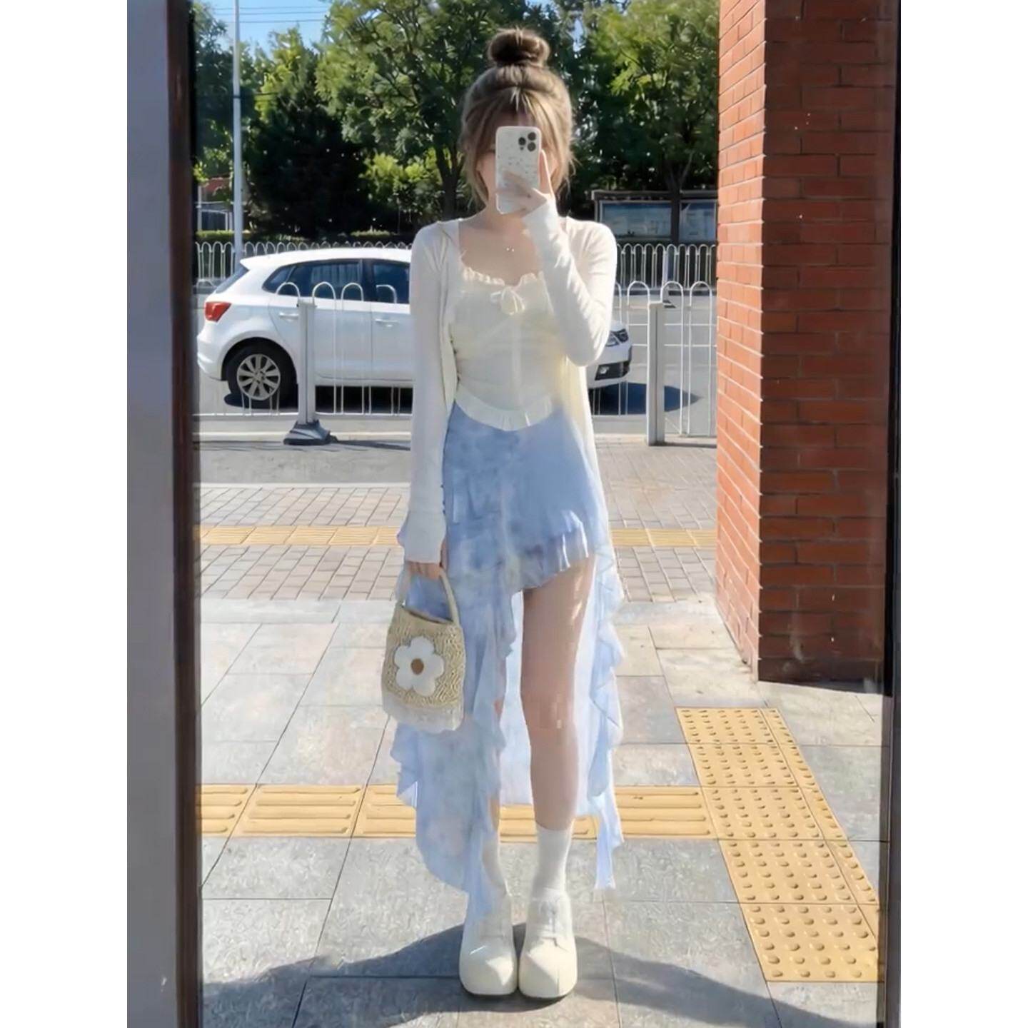 初夏季法式蓝色连衣裙子女2026新款小个子绝美穿搭不规则长裙套装