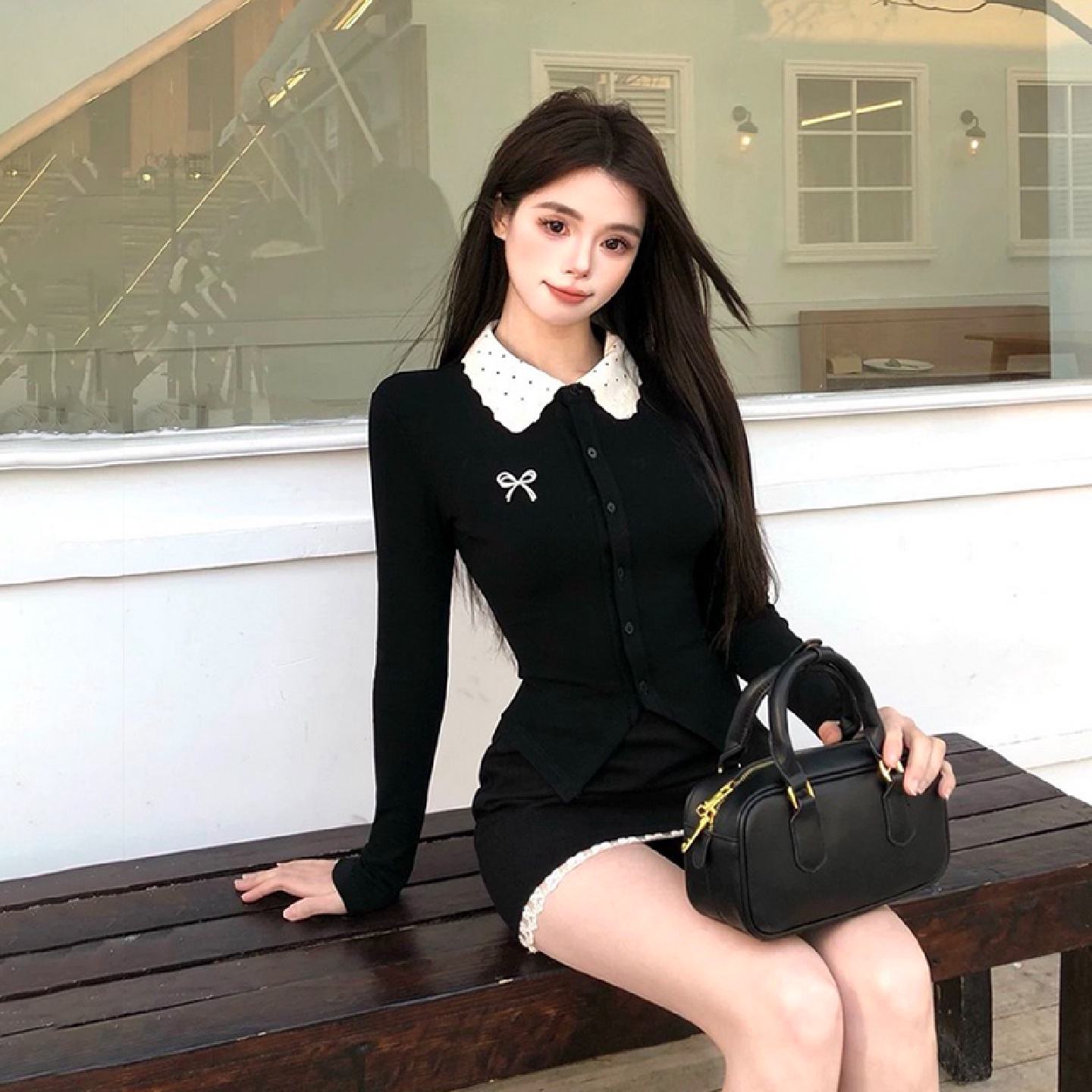 法式纯欲辣妹针织套装女设计感小众拼接长袖上衣黑色小心机半身裙