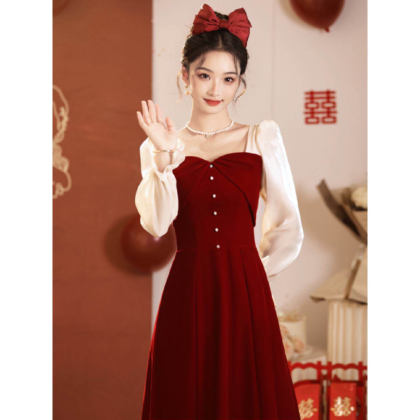 敬酒服新娘2026新款结婚礼服订婚晚礼服女高级感平时可穿连衣裙秋