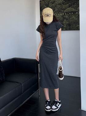 灰色飞飞袖连衣裙女2026夏季小个子设计感辣妹风修身显瘦包臀裙